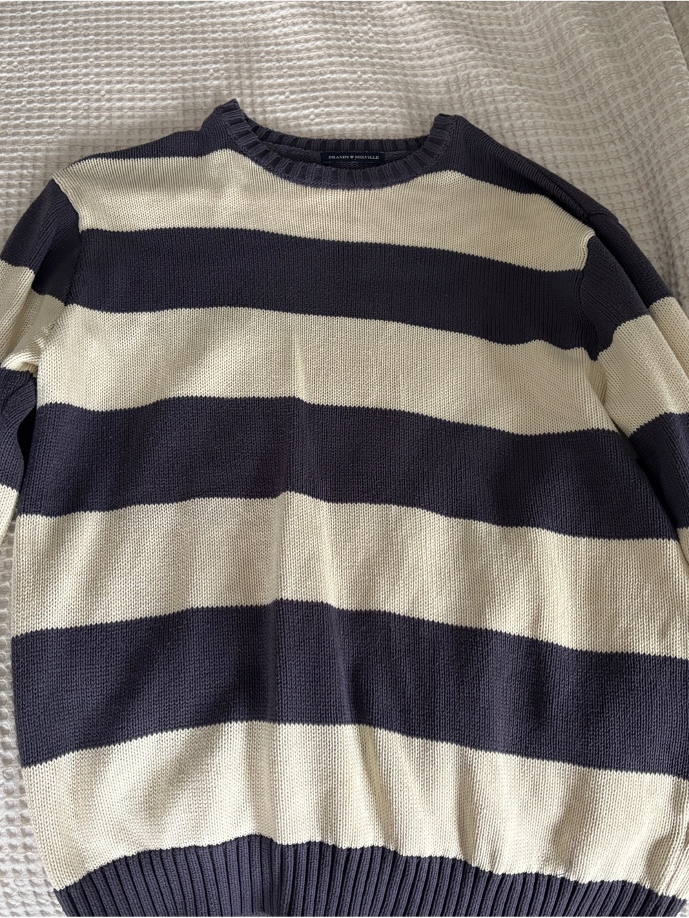 Brandy Melville Navy & Cream Striped Crewneck Sweater